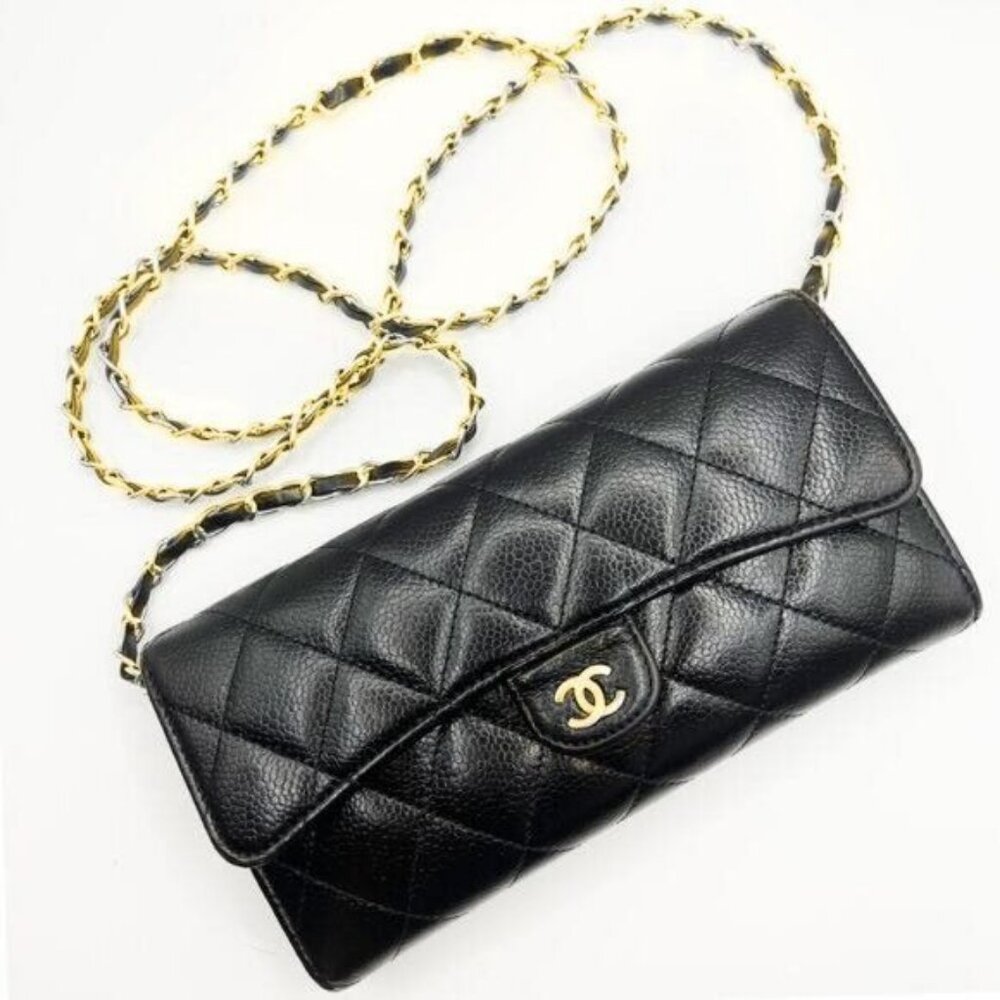 Authentic CHANEL CC Classic Caviar Flap Wallet Quilted Leather Chain Purse Black - Picture 4 of 16